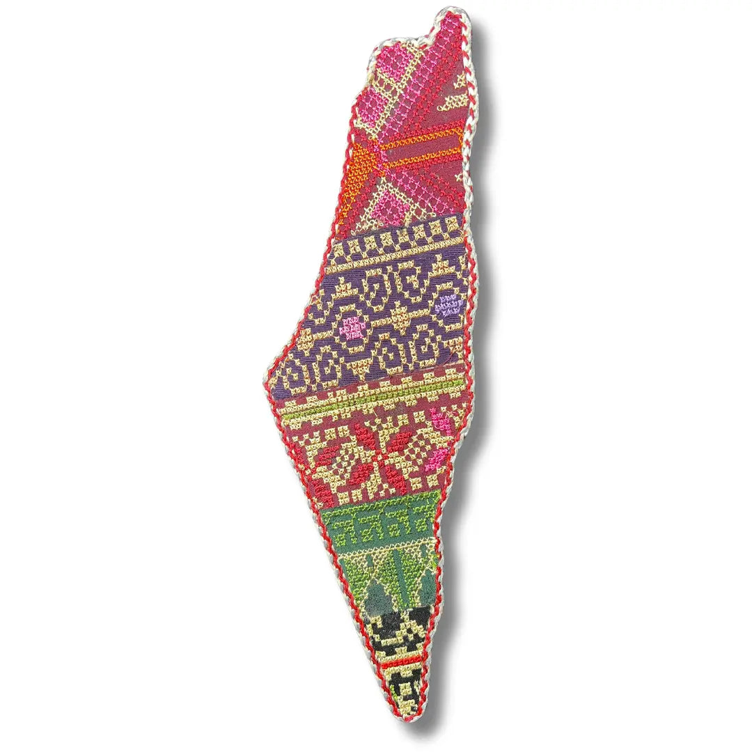 Colorful tatreez Palestine map wall art embroidered with traditional patterns and vibrant colors