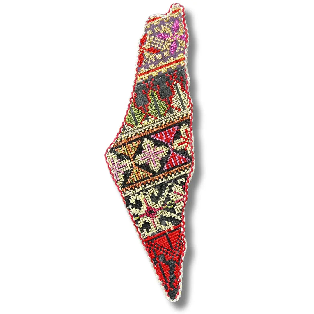 Colorful tatreez Palestine map wall art embroidered with traditional Palestinian patterns and vibrant threads