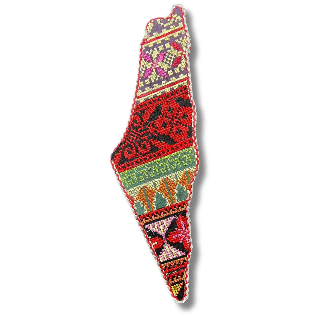 Palestinian Elegance tatreez Palestine map wall art with traditional embroidered patterns in vibrant colors