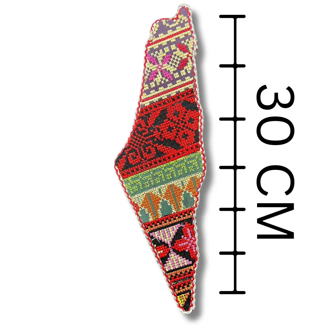 Tatreez Palestine map wall art embroidery in vibrant colors measuring 30 cm by Palestinian Elegance