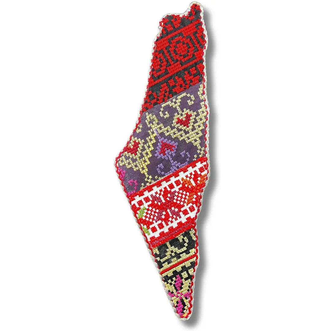 tatreez Palestine map wall art embroidered with traditional red purple and black designs