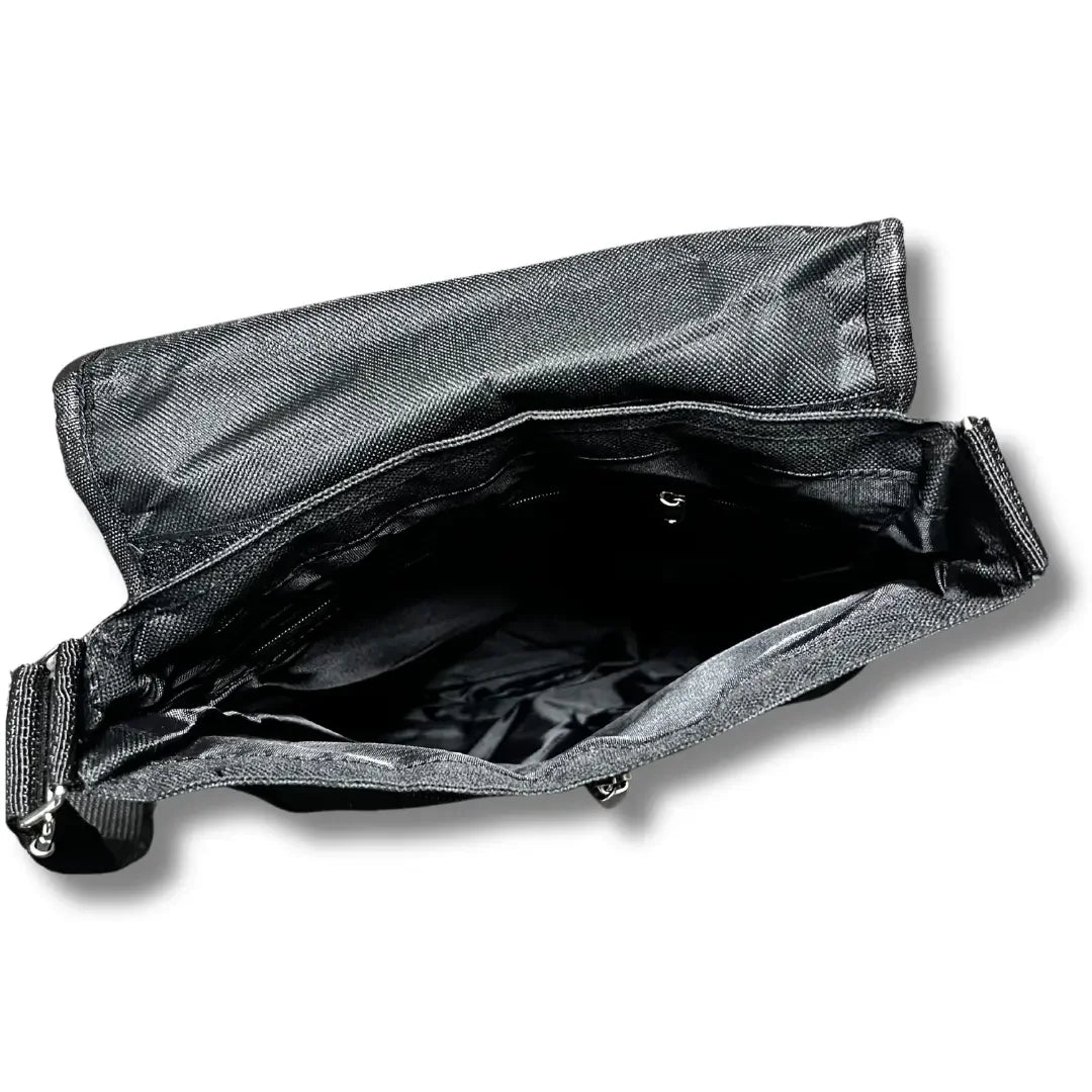 Open black Tatreez shoulder bag showing spacious interior and durable fabric by Palestinian Elegance