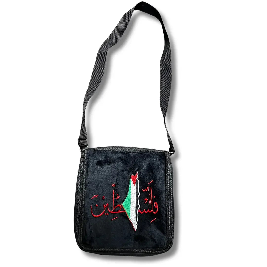 Black Tatreez shoulder bag with Palestinian flag design and red Arabic embroidery by Palestinian Elegance