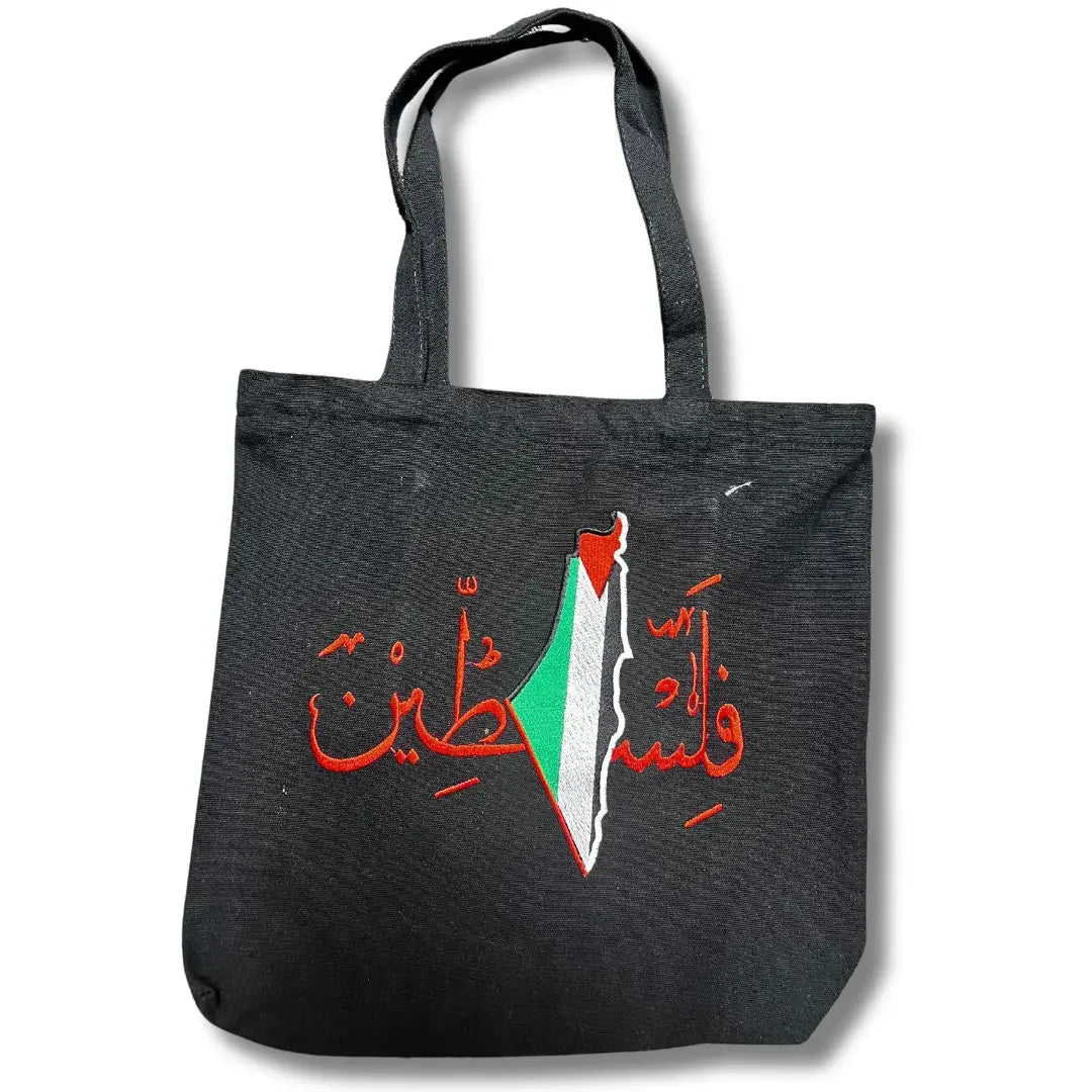 Palestinian Elegance black tatreez tote bag with embroidered Palestinian map and Arabic calligraphy