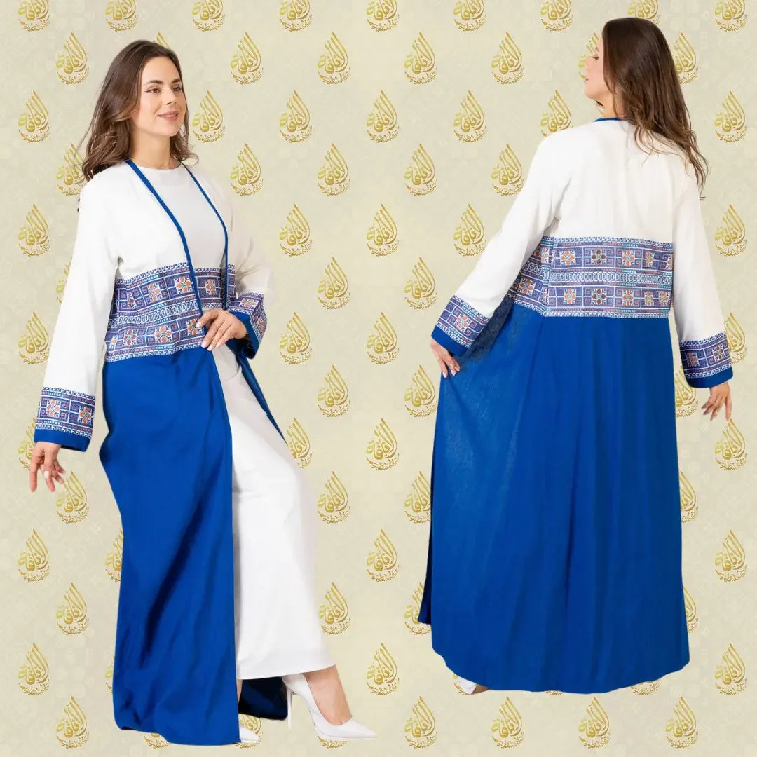 Palestinian Elegance Tatreez two piece outfit abaya with blue and white colors featuring traditional embroidery
