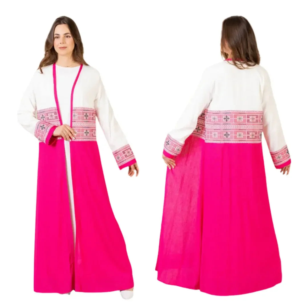 Palestinian Elegance Tatreez two piece outfit abaya with white top and bright pink skirt