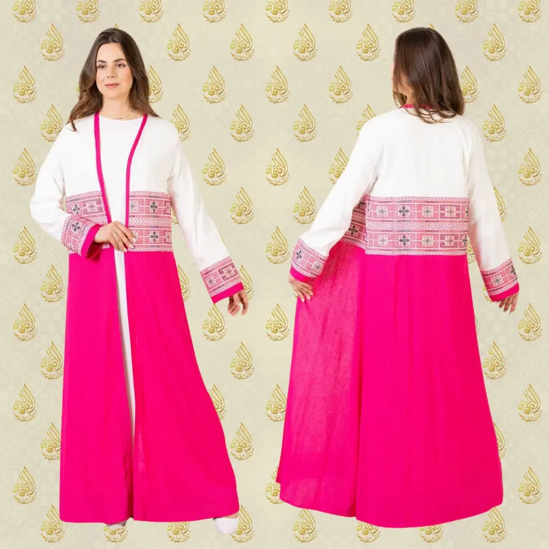 Palestinian Elegance Tatreez two piece outfit pink and white abaya with traditional embroidery details