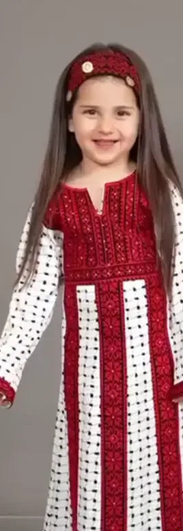 Palestinian Elegance embroidered teen girl abaya dress with red and white intricate traditional patterns