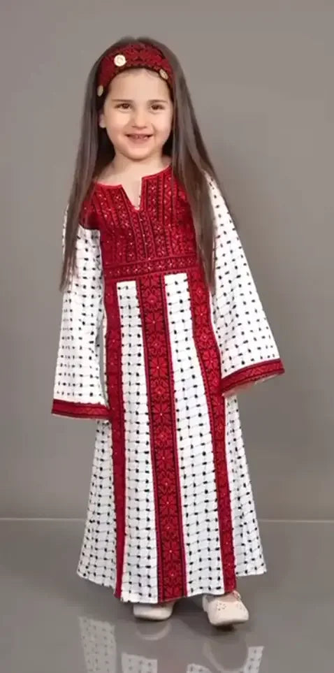 Palestinian Elegance teen girl abaya dress with red embroidery and white patterned fabric