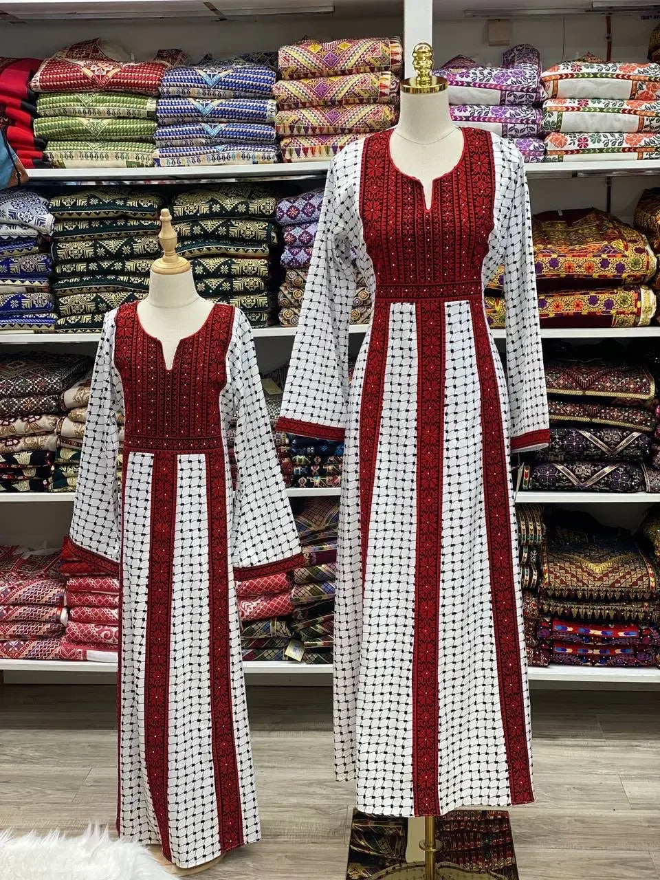 Palestinian Elegance embroidered teen girl abaya dress in red and white with traditional patterns