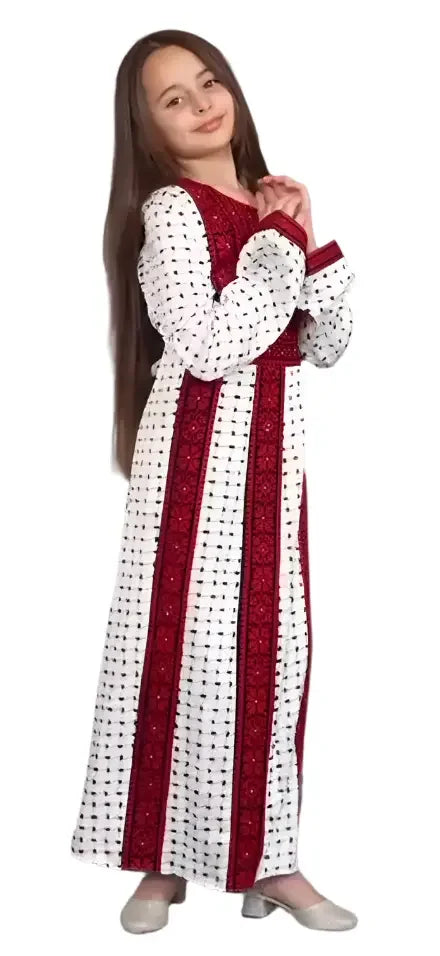 Teen girl abaya dress with traditional Palestinian Elegance embroidery in white and red patterns