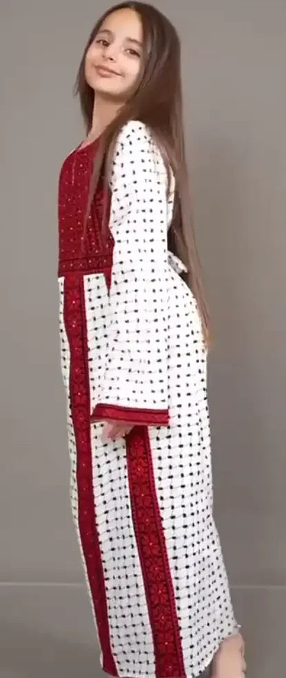 Palestinian Elegance embroidered teen girl abaya dress in white with red and black traditional patterns