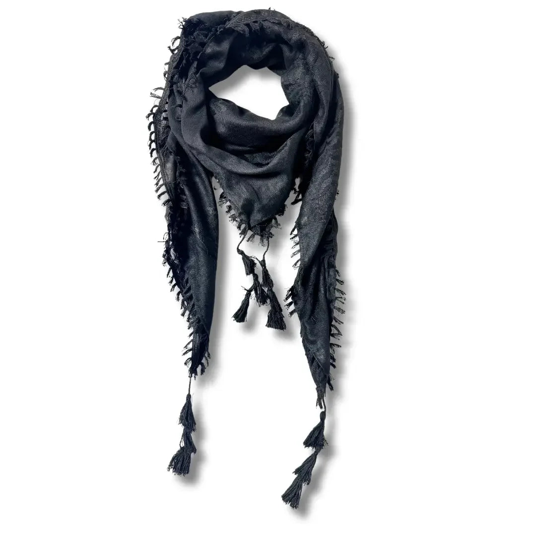 Traditional black kuffiyeh scarf with tassels from Palestinian Elegance accessories collection