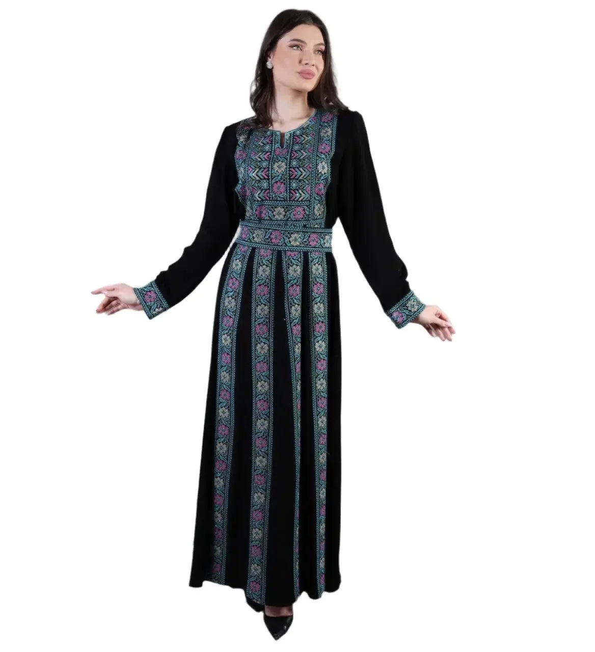 Palestinian Elegance Traditional Embroidered Abaya in black with colorful detailed embroidery on bodice and sleeves