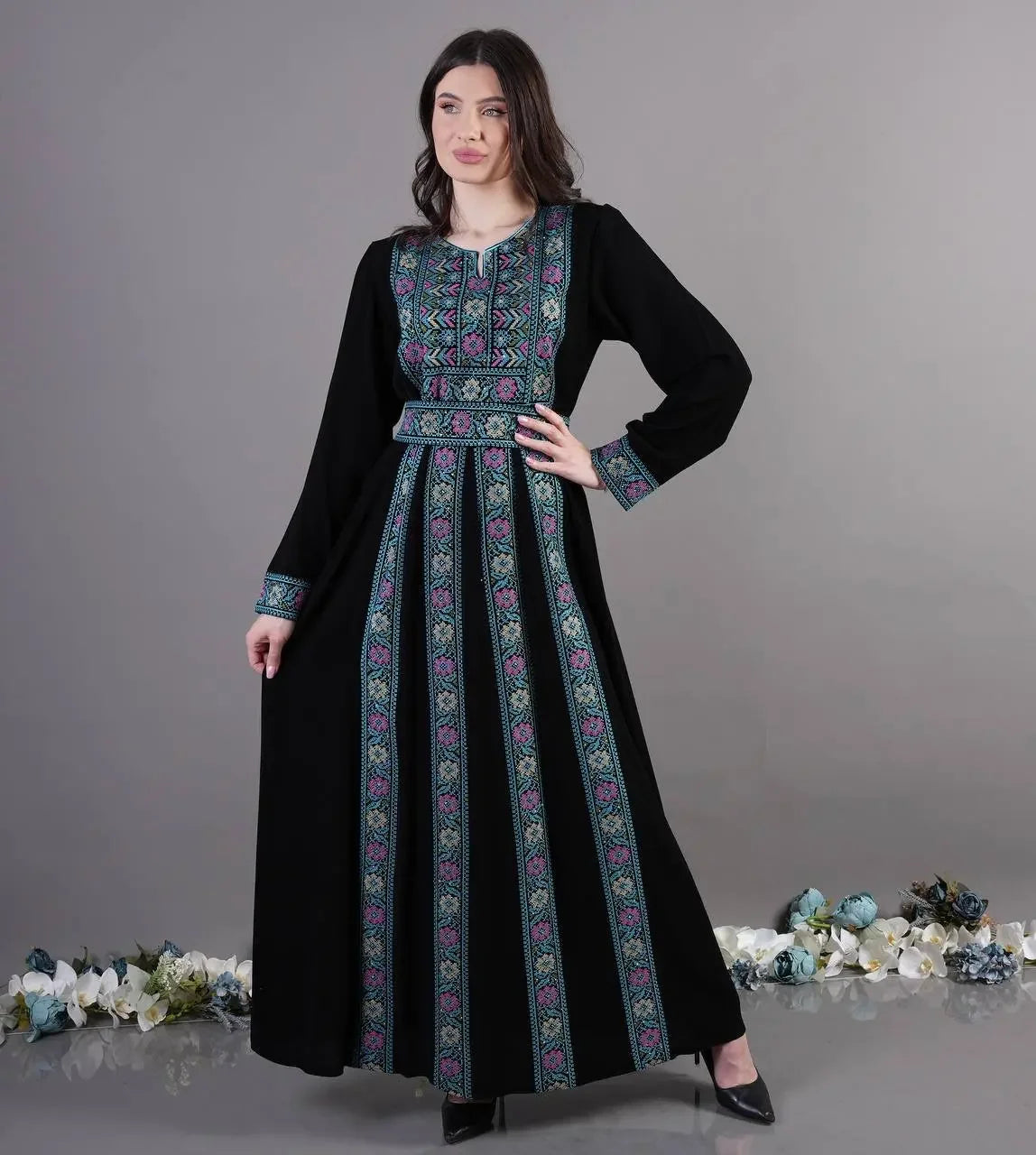 Palestinian Elegance black traditional embroidered abaya with colorful vertical and chest embroidery