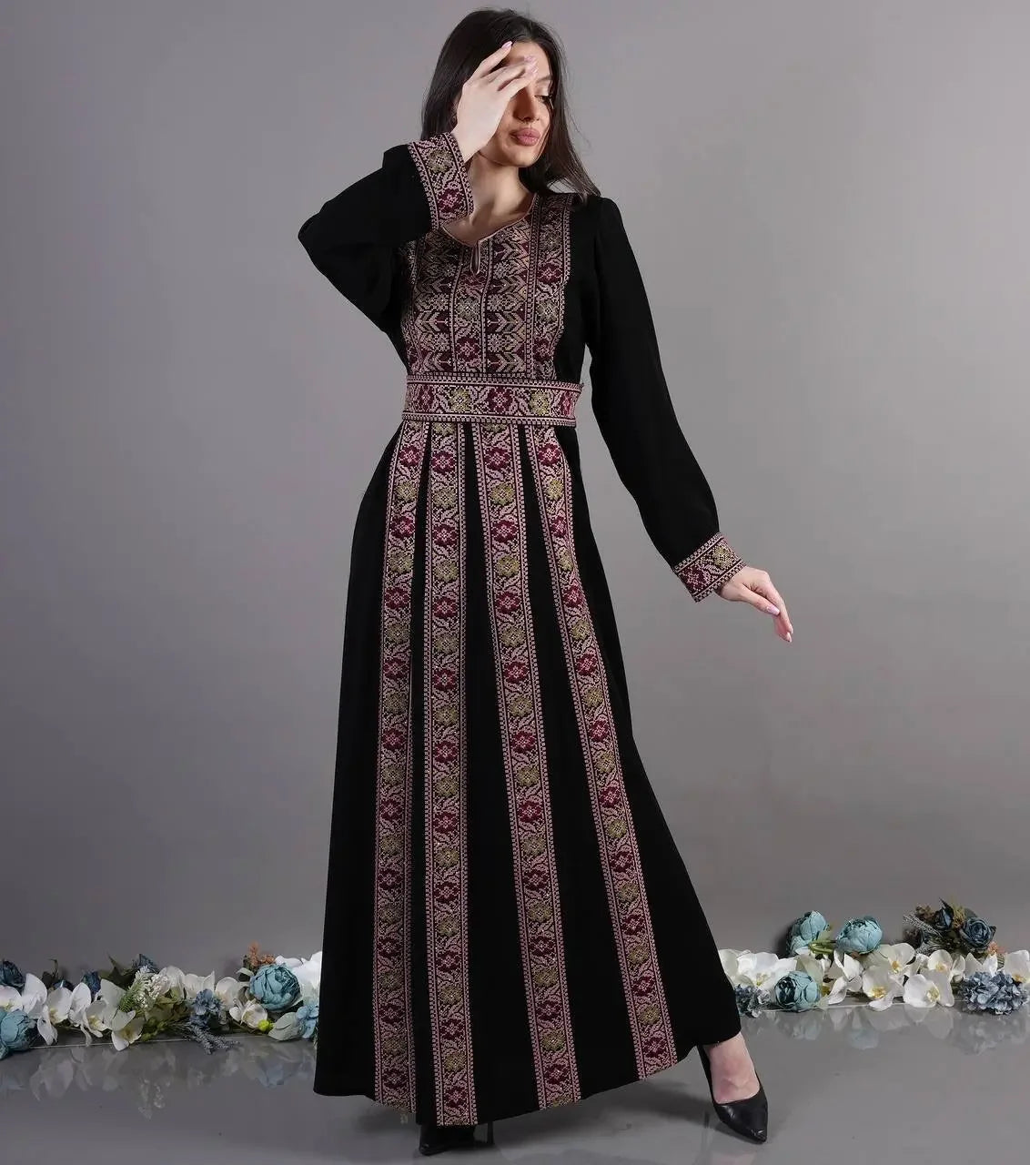 Palestinian Elegance black traditional embroidered abaya with intricate pink and beige embroidery details