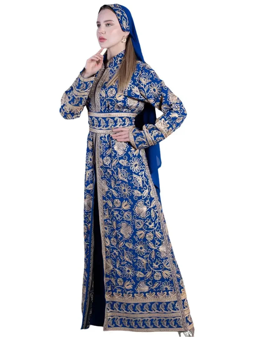Traditional embroidered kaftan in blue and gold floral design by Palestinian Elegance with matching headscarf