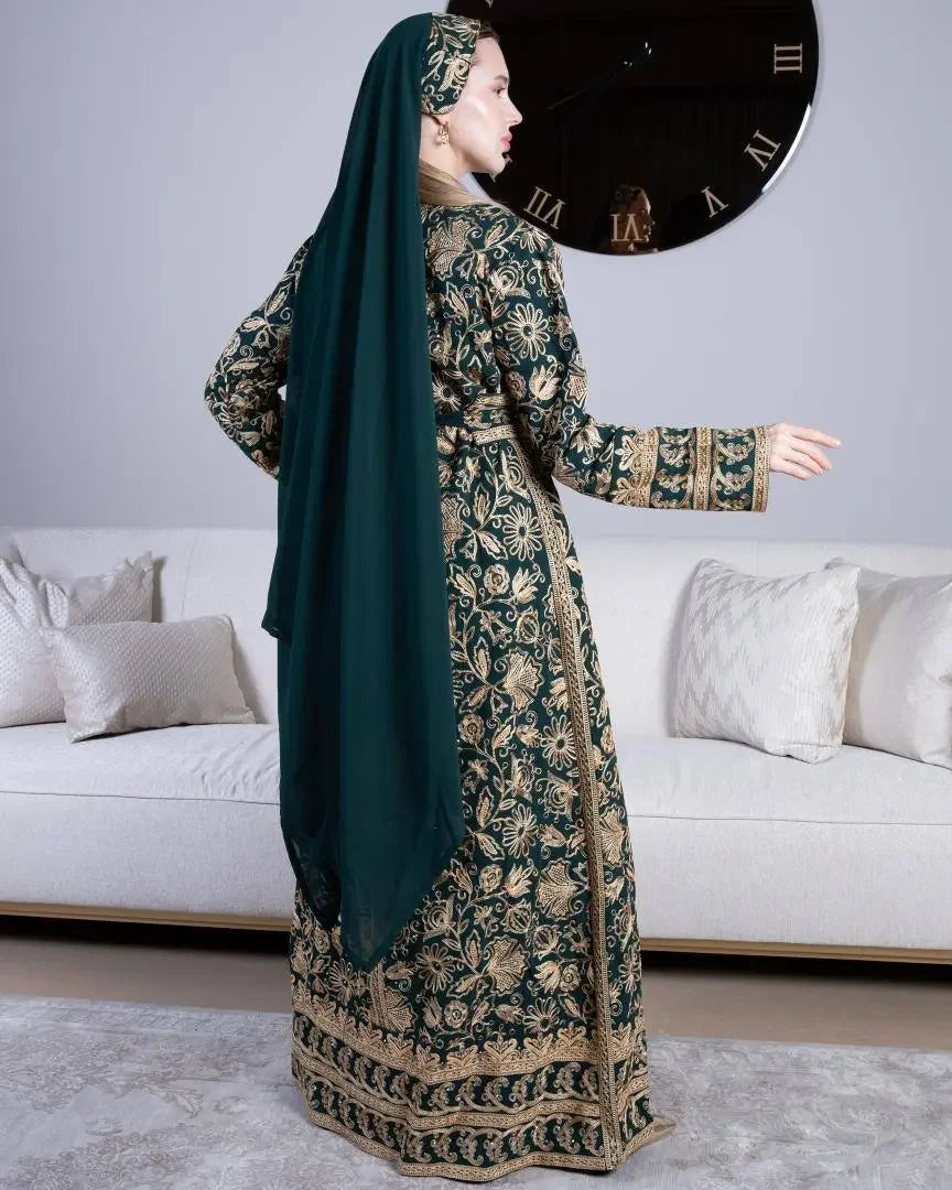 Palestinian Elegance traditional embroidered kaftan in green and gold floral design with matching headscarf