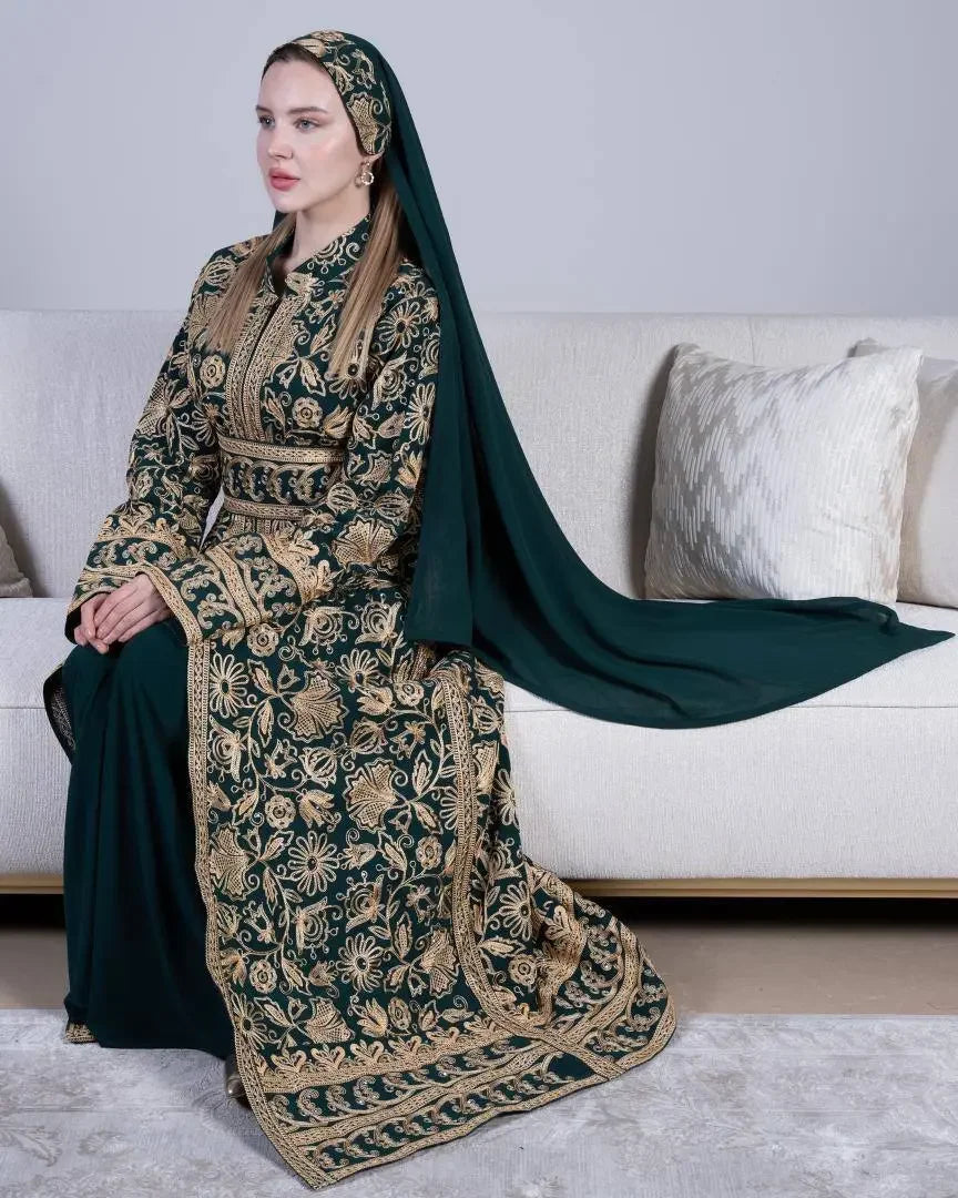 Palestinian Elegance traditional embroidered kaftan in dark green with intricate gold floral embroidery