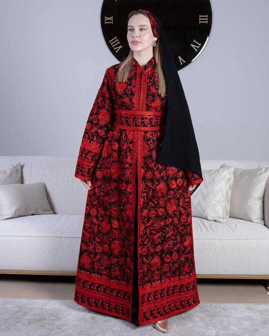 Palestinian Elegance traditional embroidered kaftan in red and black with intricate floral patterns