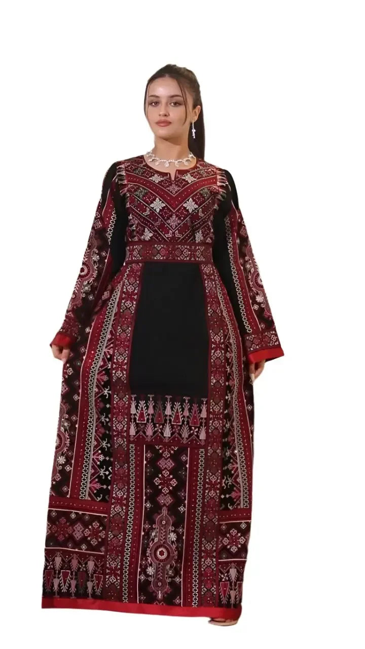 Palestinian Elegance traditional embroidered thoub featuring intricate red and black embroidery patterns
