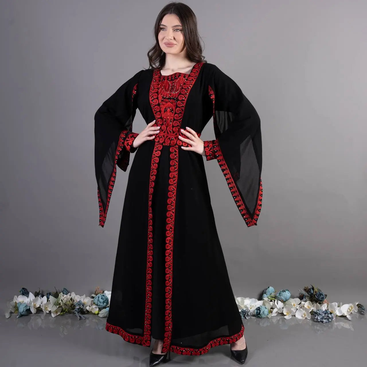 Palestinian Elegance traditional embroidery kaftan in black with red detailed embroidery and wide sleeves
