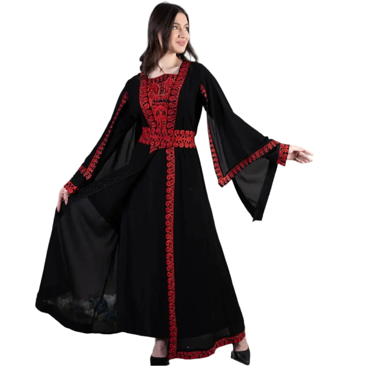 Palestinian Elegance black kaftan with red traditional embroidery kaftan design and wide sleeves