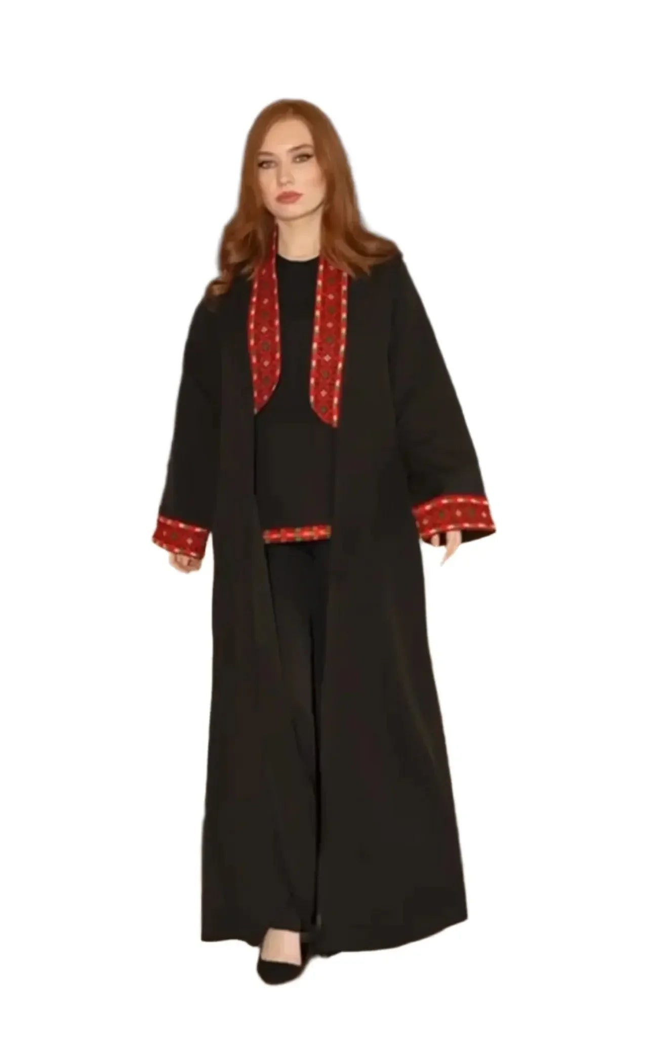 Palestinian Elegance traditional embroidery suit black formal long coat with red embroidered details