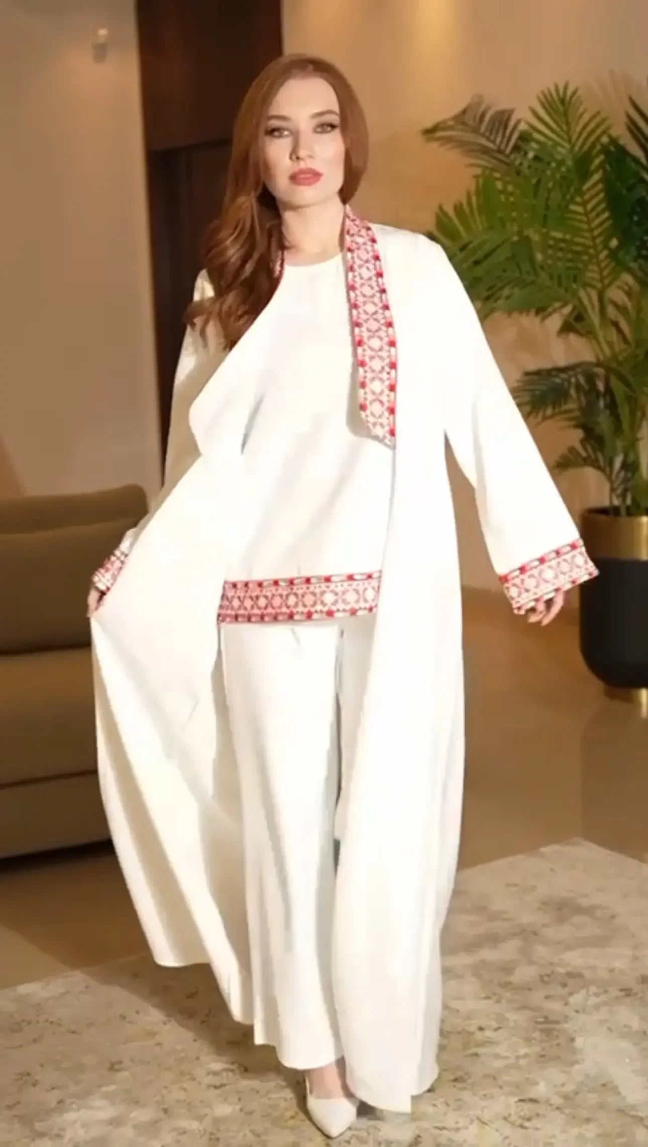 Palestinian Elegance white suit formal with traditional embroidery suit red detailing on collar and cuffs