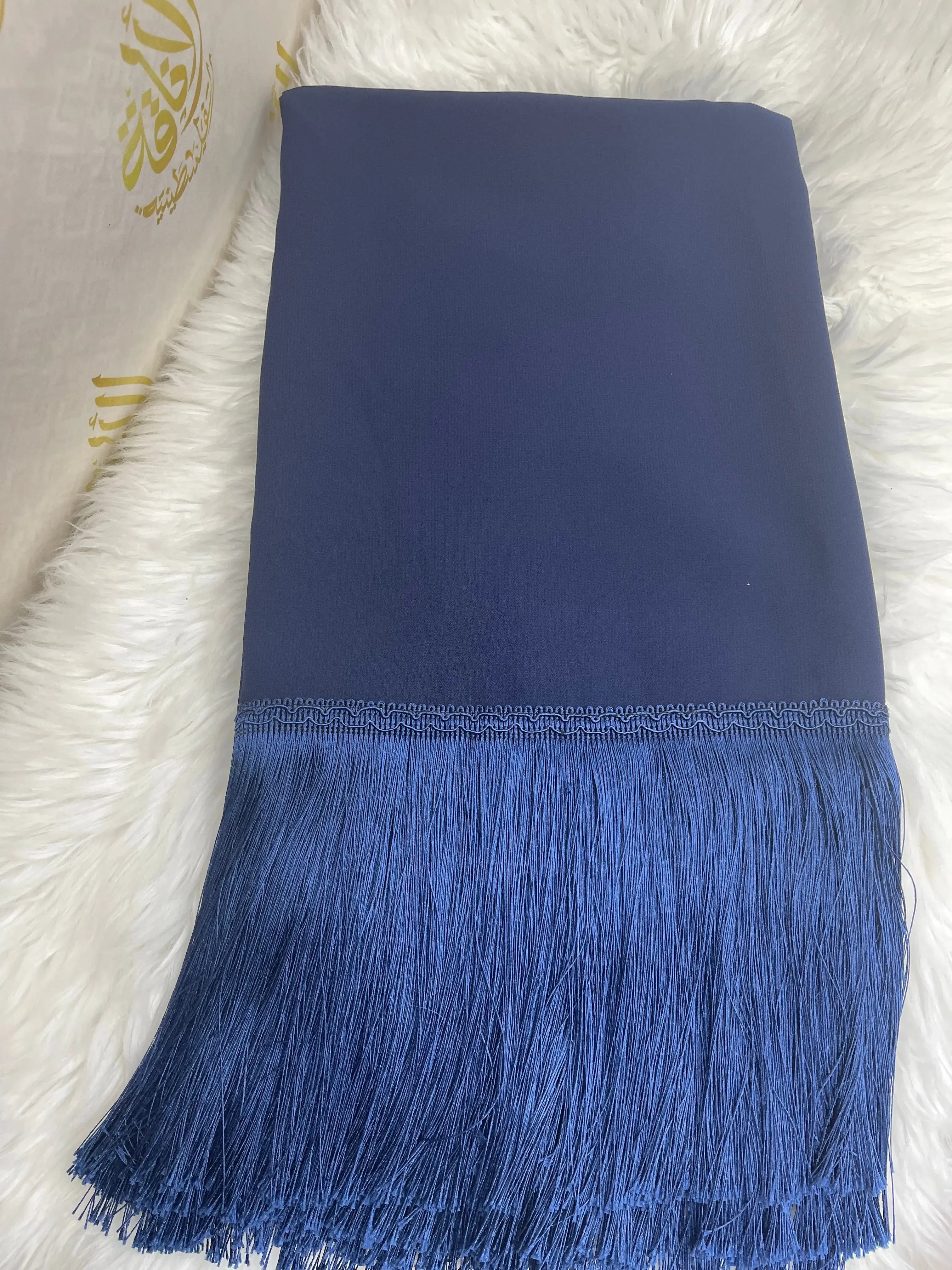 Palestinian Elegance blue hijab with traditional khirka shal fringe detailing on soft fabric