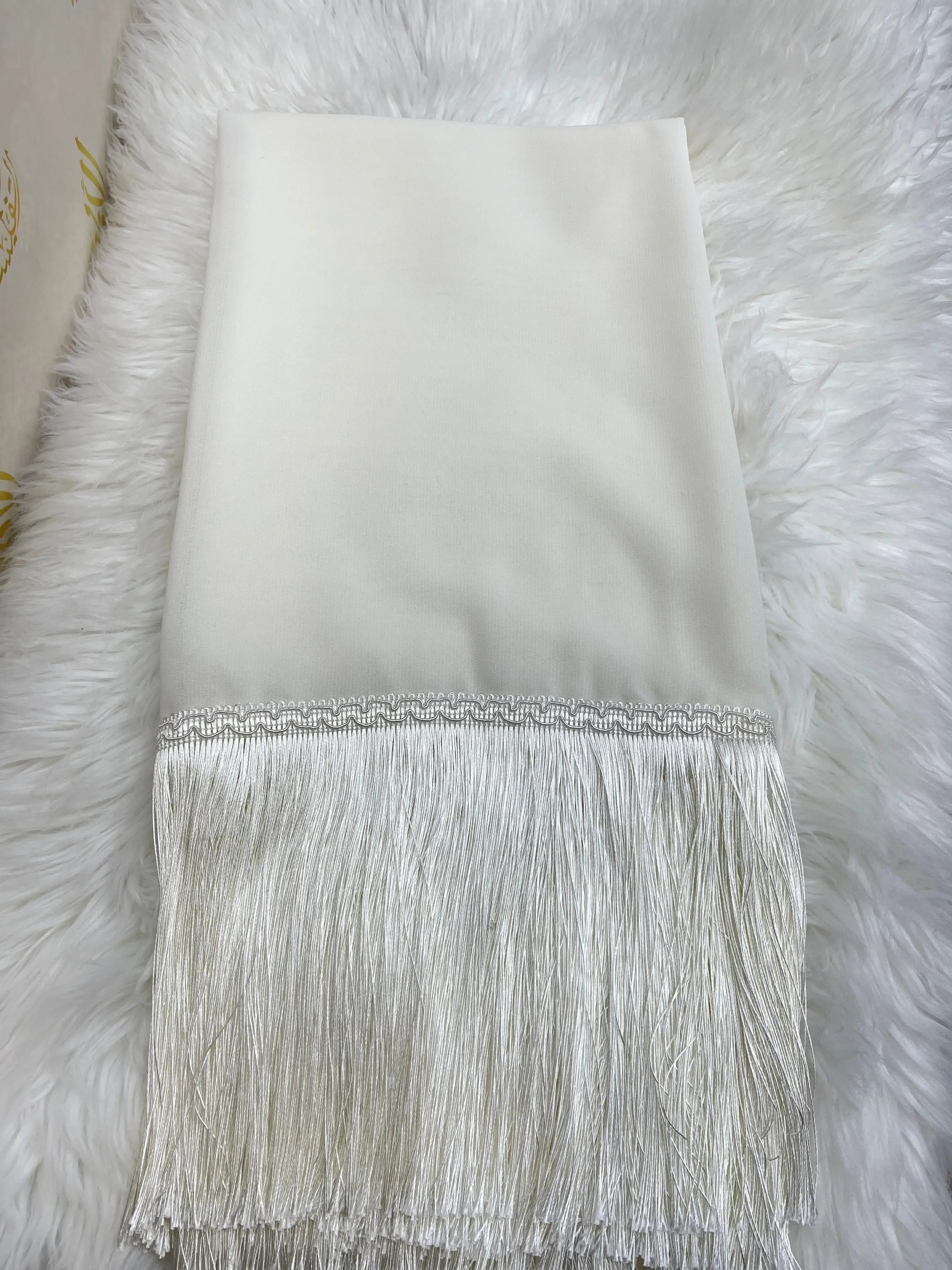 Palestinian Elegance traditional khirka shal white hijab with delicate fringe detail on soft fabric
