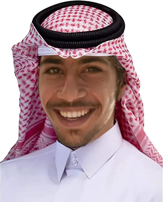 Smiling man wearing traditional Palestinian agal headband and red checked keffiyeh with white thobe