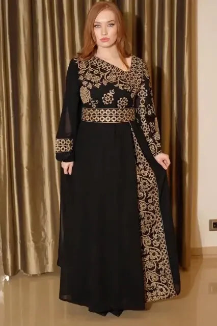 Black casual traditional Palestinian embroidery dress with gold floral patterns and long sleeves