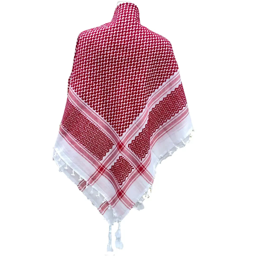 Traditional red white kuffiyeh scarf with classic woven pattern and tassels from Palestinian Elegance