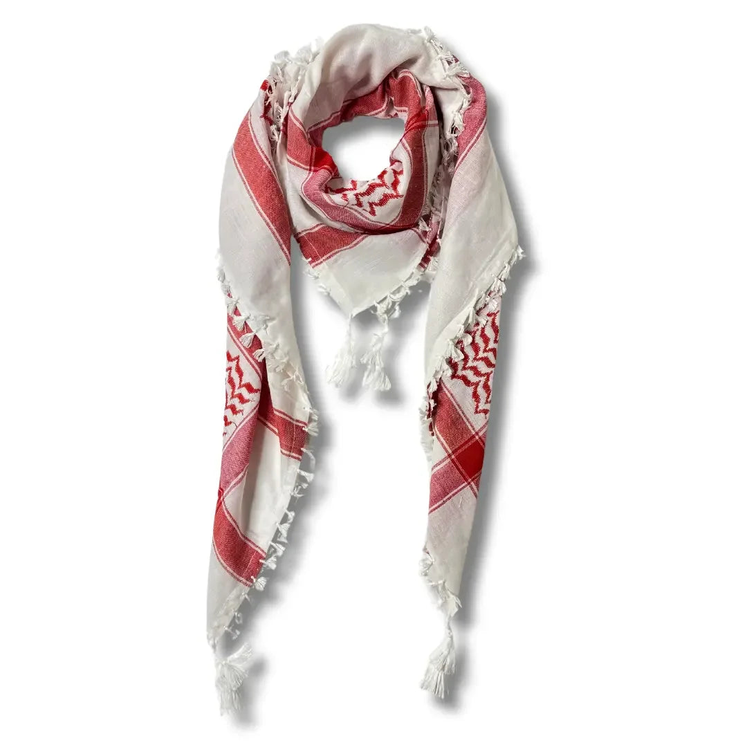 Traditional red white kuffiyeh scarf with tassels by Palestinian Elegance accessories
