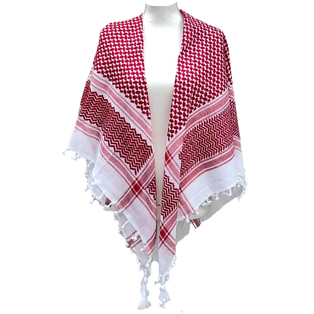 Traditional red white kuffiyeh scarf with intricate patterns and tassels from Palestinian Elegance
