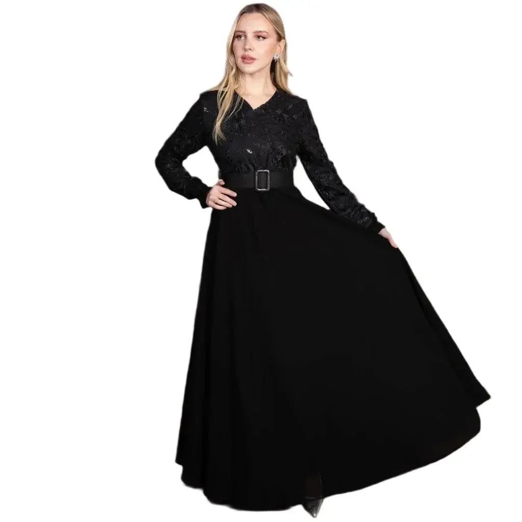 Palestinian Elegance black long sleeve tulle dress with belt and flowing skirt