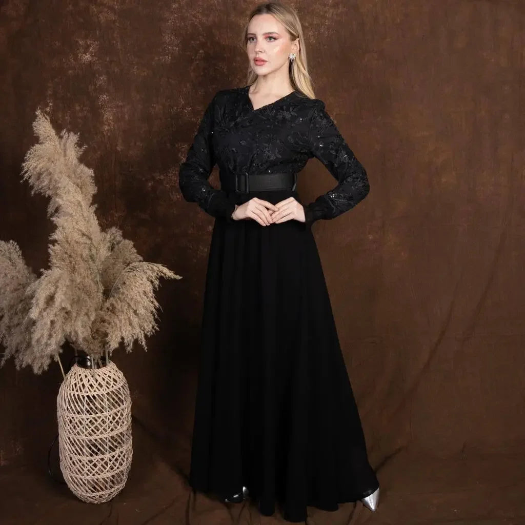Palestinian Elegance black long sleeve tulle dress with belt and floral lace top