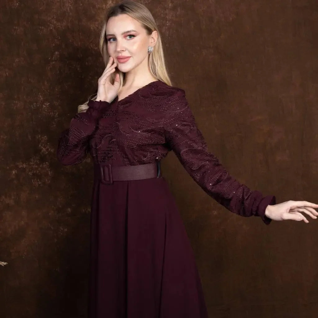 Palestinian Elegance burgundy tulle dress with embroidered bodice and long sleeves