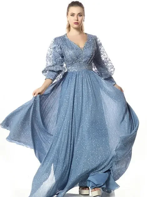 Palestinian Elegance blue unique fancy dress for parties with lace sleeves and flowing skirt