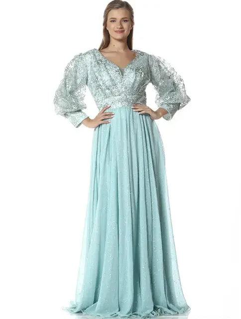Palestinian Elegance light blue unique fancy dress for parties with lace sleeves and flowing skirt