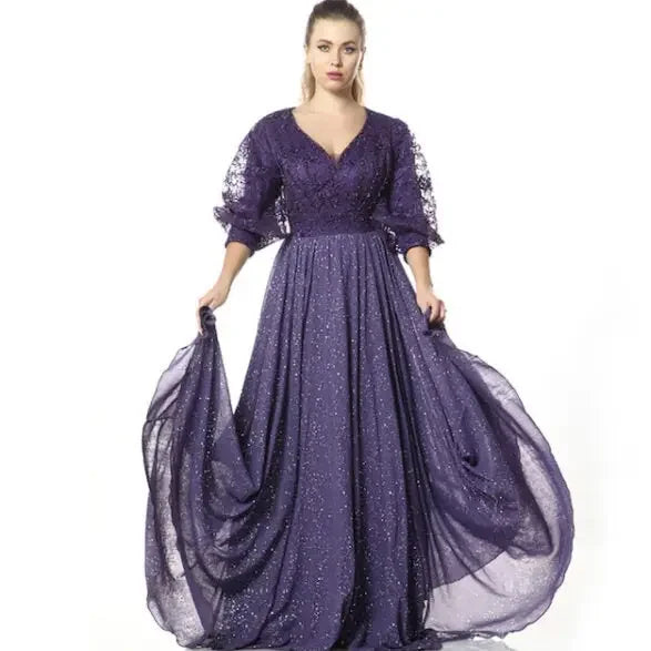 Unique fancy dress for parties by Palestinian Elegance purple gown with lace sleeves and glitter details