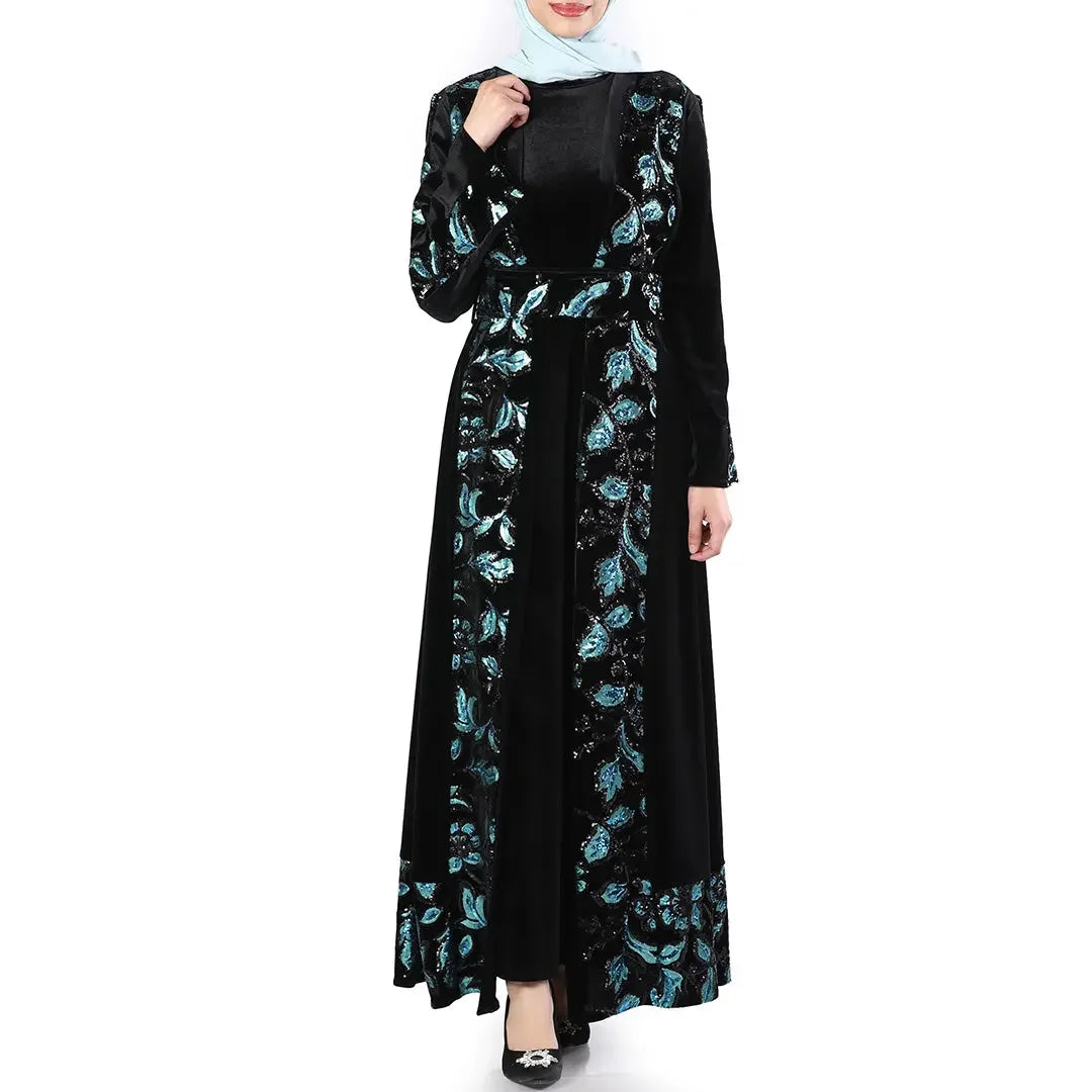 Palestinian Elegance black velvet bisht for women with blue floral embroidery and long sleeves