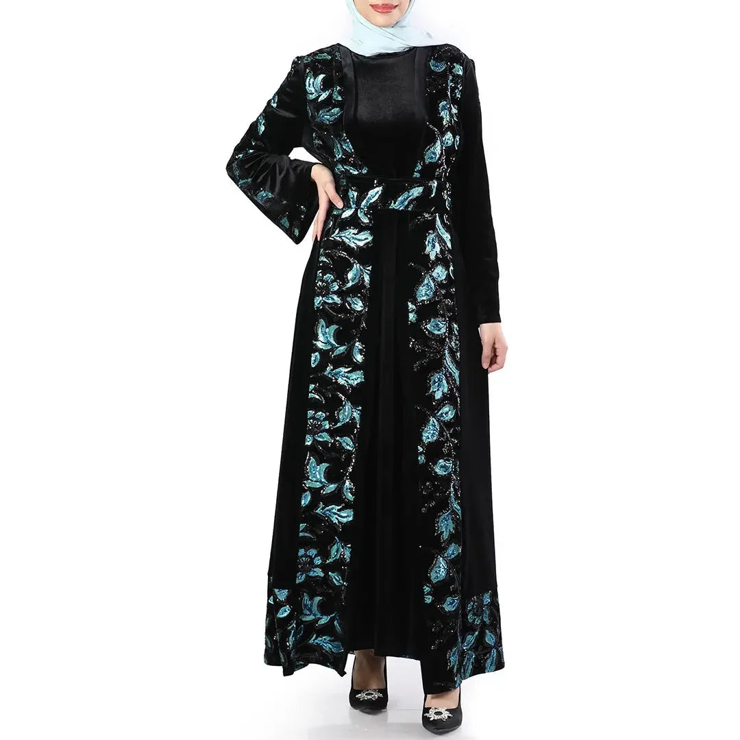 Black velvet bisht for women with blue floral embroidery from Palestinian Elegance