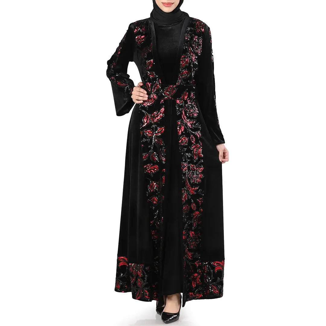 Palestinian Elegance black velvet bisht for women with red floral embroidery casual full-length dress