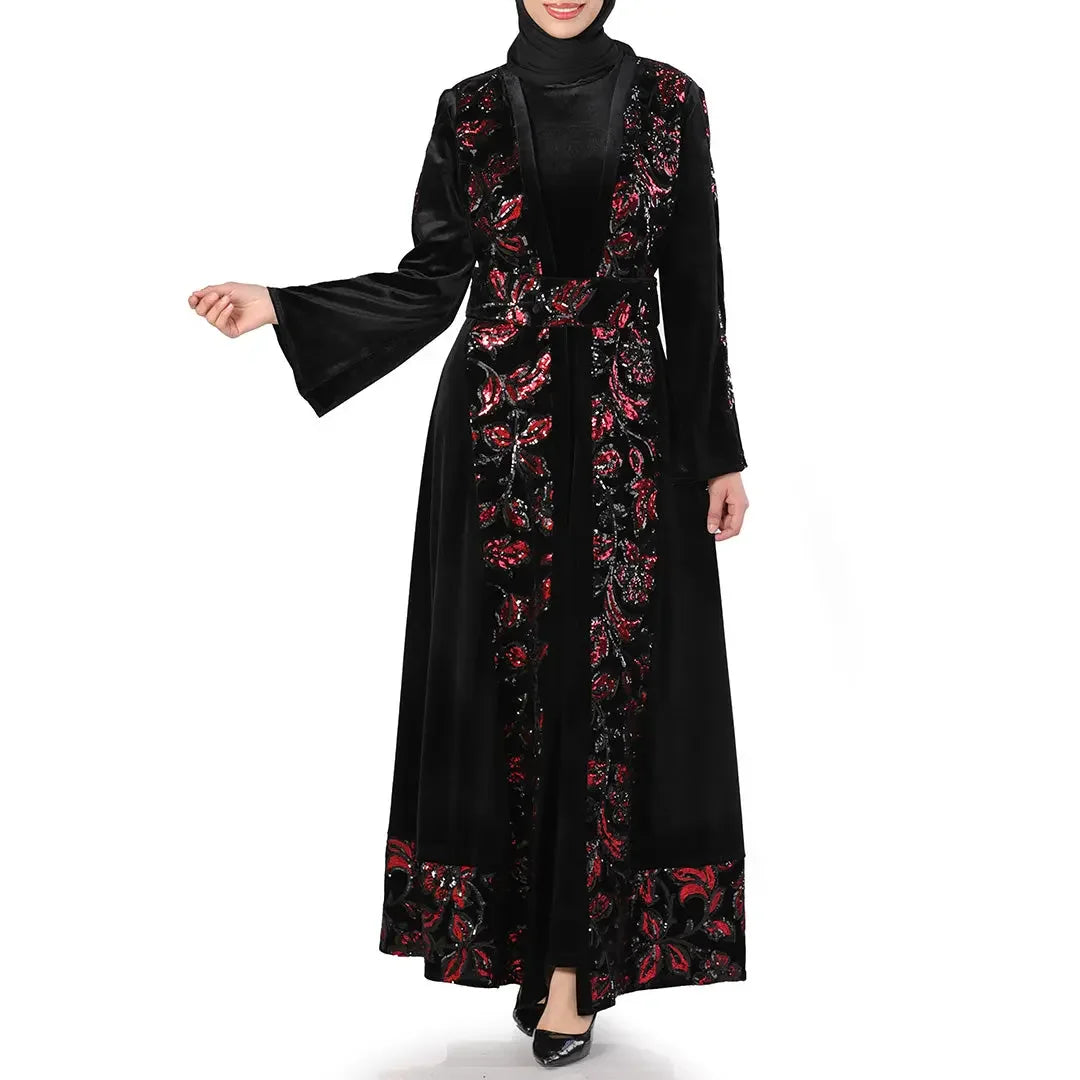 Palestinian Elegance black velvet bisht for women with red floral embroidery and flared sleeves