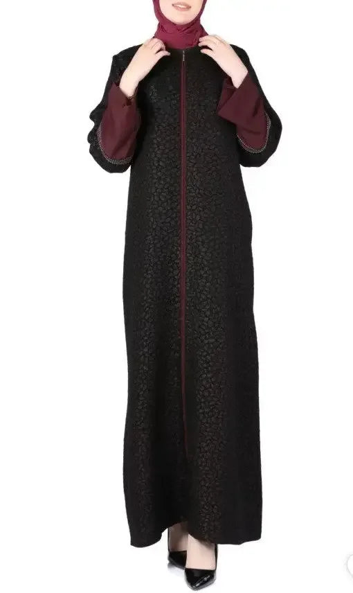 Palestinian Elegance chic abaya for women in black with maroon sleeves and front zipper