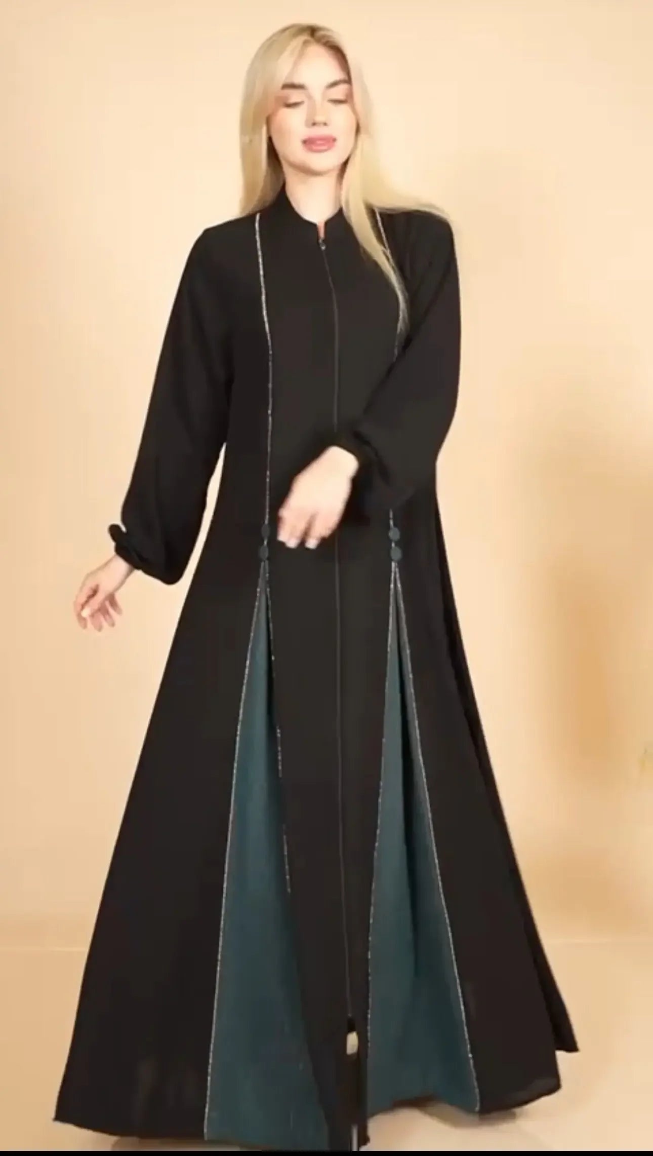 Palestinian Elegance black elegant abaya for women with long sleeves and teal inner panels
