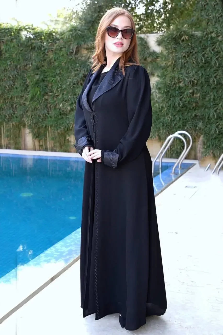 Palestinian Elegance black elegant abaya set for women with long sleeves and button details