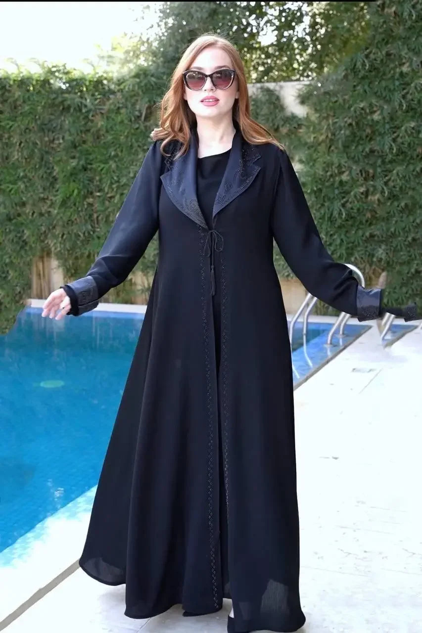 Palestinian Elegance elegant abaya set for women in black with detailed collar and cuff design